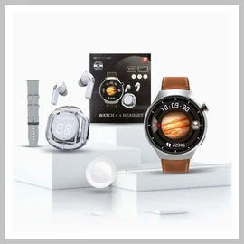 D21 okosóra ezüst készlet - Okosóra, vezeték nélküli fülhallgató, szilikon és bőr szíj holm0643