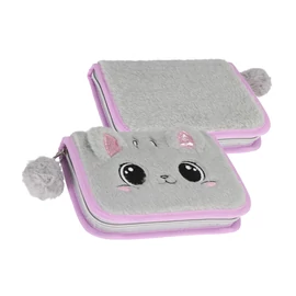 Plüss tolltartó cicás mintával – szürke-lila, dupla cipzáras 558195