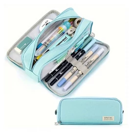 Divatos Többrétegű Dupla rekeszes Tolltartó, Ciánkék DK1514948-C