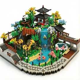 Ázsiai "Panda Paradicsom" és Vízesés – Mini Építőkocka Készlet HY9201001-822