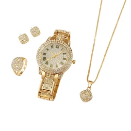 5 Részes Luxus Női Karóra és Ékszer Szett Strasszkövekkel - Arany Színben VJ9749671-G