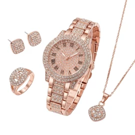 5 Részes Luxus Női Karóra és Ékszer Szett Strasszkövekkel - Rózsaarany Színben VJ9749671-RG