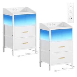 2 db éjjeliszekrény LED világítással és töltőállomással textil Fehér GV759744-F