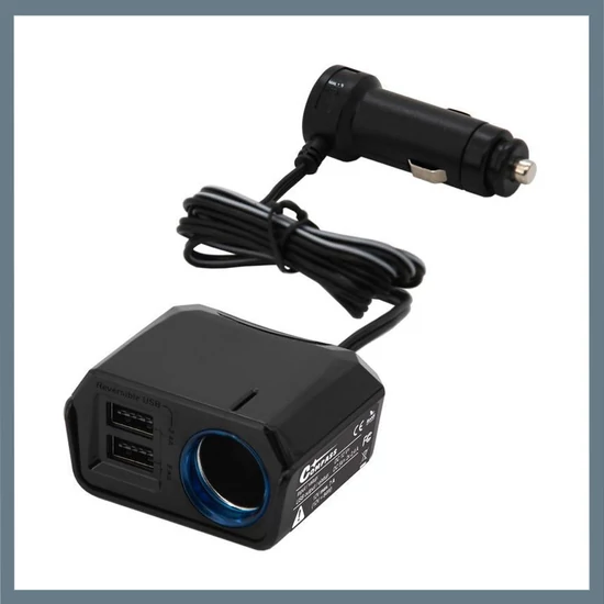 Autós töltőadapter  1 m kábellel – 2× USB DUAL-SIDE + 12V kimenet, 2400 mA 07432