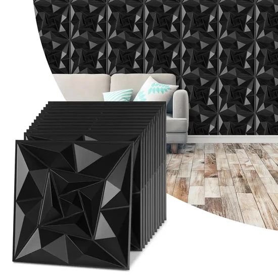 3D falpanel szett – kvarcfekete PVC 50 × 50 cm 12 db 15173XV32-kf5
