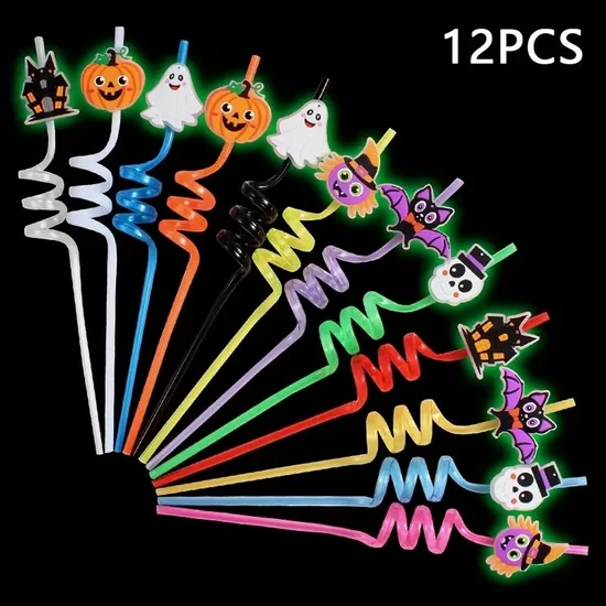 Sötétben világító halloween szívószál készlet – 12 db UF4081181