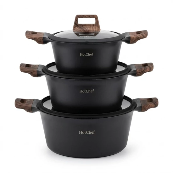 HotChef Matt Fekete Főzőedény Készlet – Elegancia és Funkcionalitás NUBE26-21F