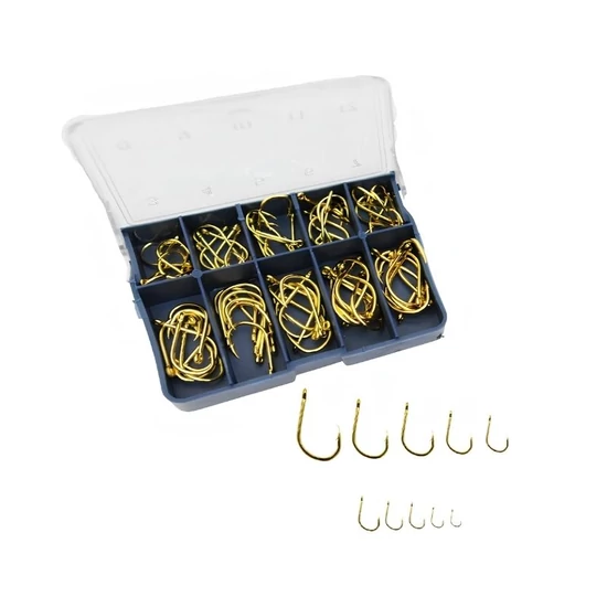 50 darabos horgászhorog készlet, 10 méret, arany, füles, dobozban W29001