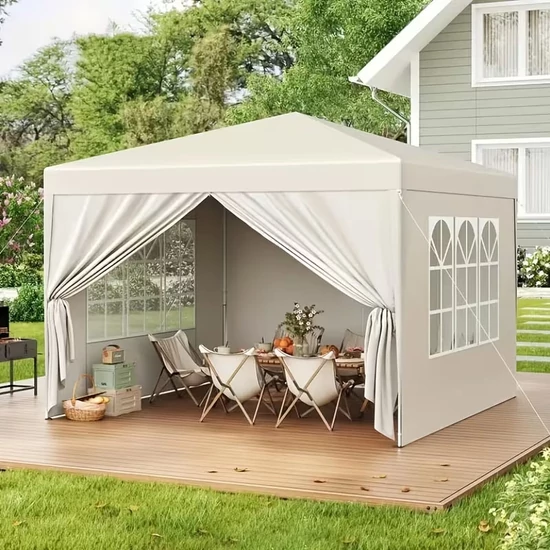 3×3 m Gazebo összecsukható sátor ablakos oldalfalakkal bézs 71MQ75001Q-B