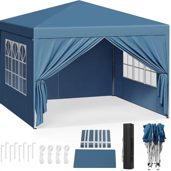 3×3 m Gazebo összecsukható sátor ablakos oldalfalakkal kék 71MQ75001Q-K