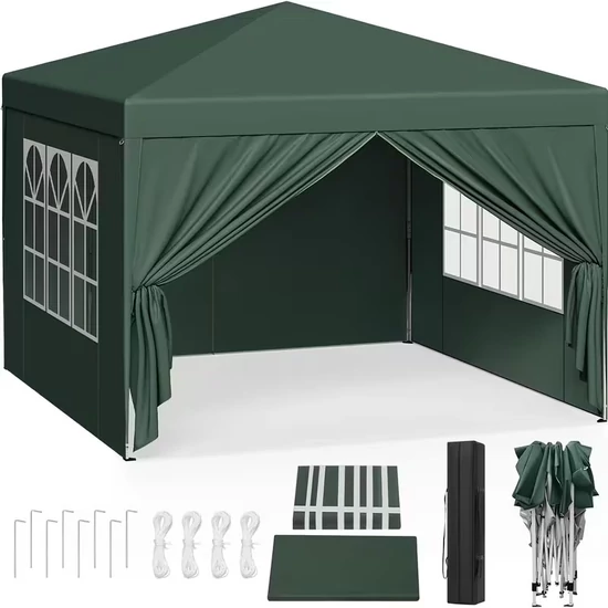3×3 m Gazebo összecsukható sátor ablakos oldalfalakkal zöld 71MQ75001Q-Z