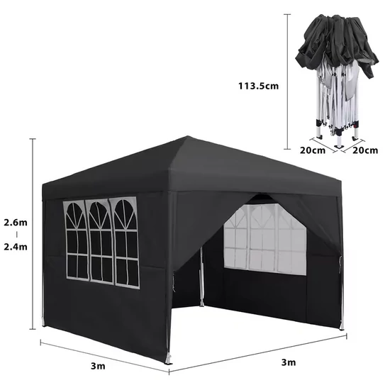 3×3 m Gazebo összecsukható sátor ablakos oldalfalakkal fekete 71MQ75001Q