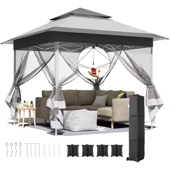 3×3 m összecsukható kertiparti szúnyoghálós sátor fehér-szürke HN1568644