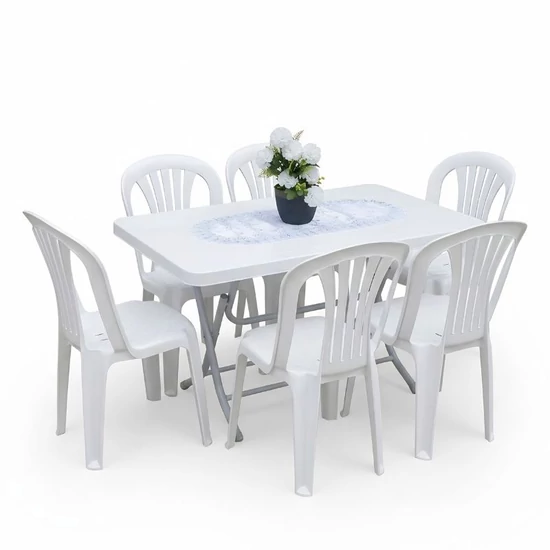 PVC kerti bútor szett asztallal és 6 székkel fehér PVC-RAT-21