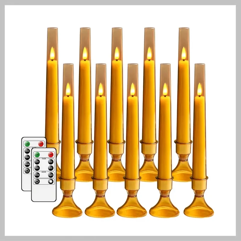 10 db Láng Nélküli Gyertya Dekorfény Távirányítóval és Gyertyatartóval - ARANY PX879351-4
