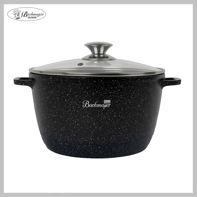 BACHMAYER Tapadásmentes vastagfalú magas lábas üveg fedővel – 24 cm, fekete, 6 liter – BM-7885-24
